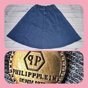 Philipp Plein Gold Logo Denim Flared Skirt Size Large , Luxury Denim, Mid Length